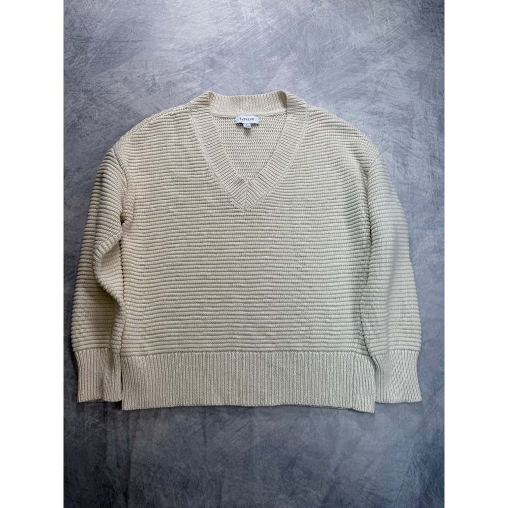 Evereve Cream Shaker Stitch V-Neck Sweater womens Sz S preppy academia casual